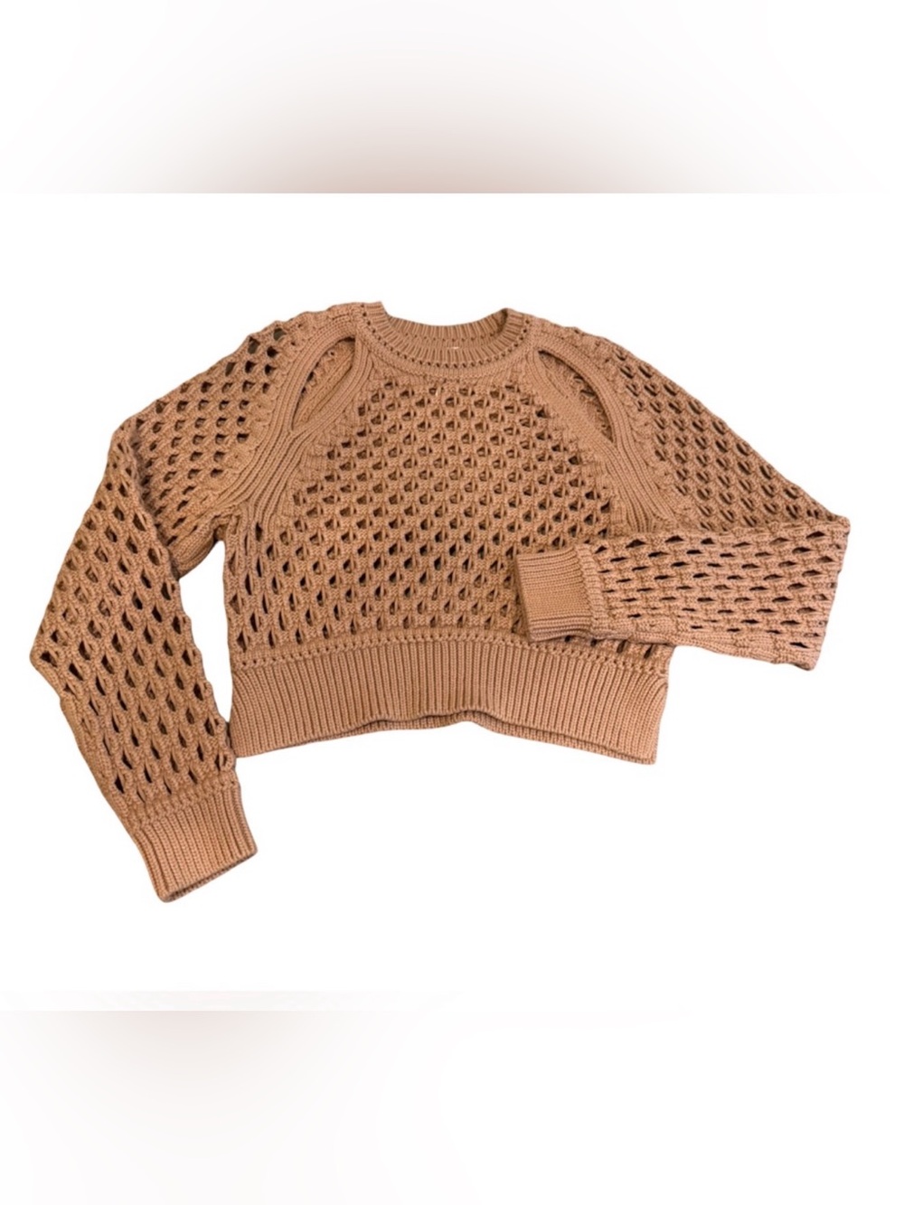 Magnlens Crochet Knit Sweater Womens S Tan Open Knit Boho Chunky Pullover